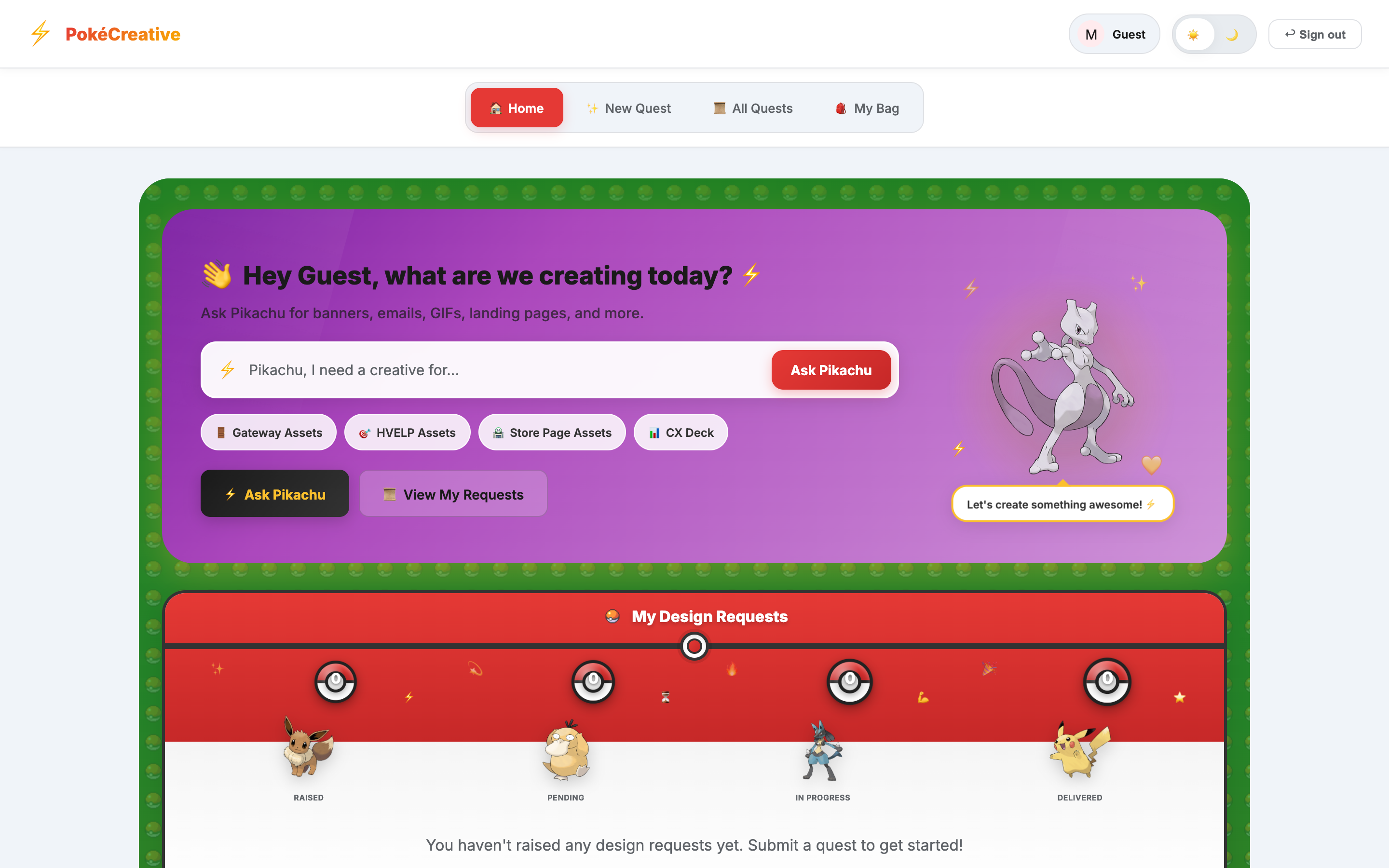 PokéCreative dashboard after login